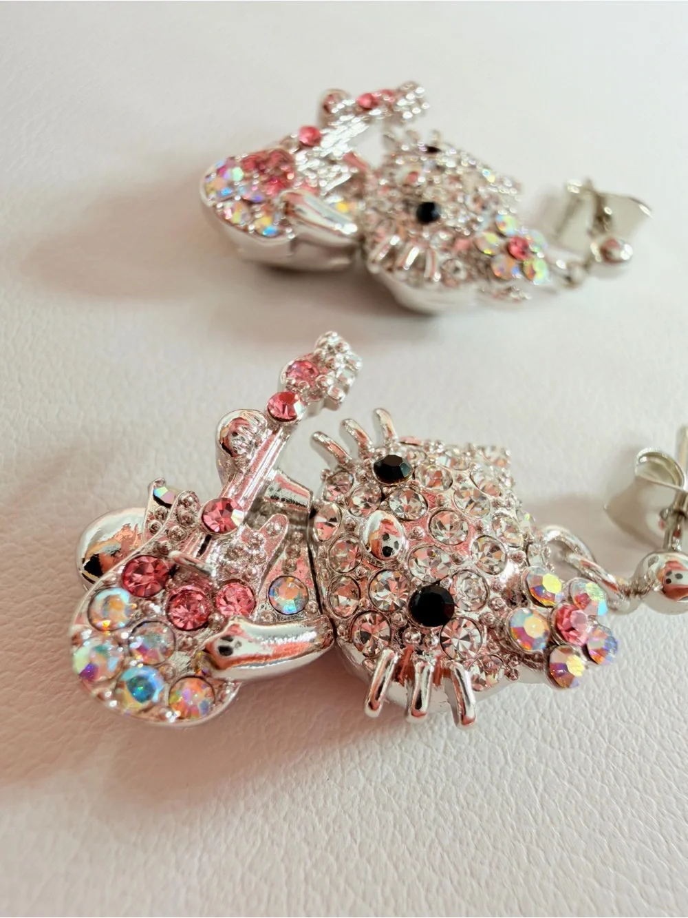 Crystal Cat Guitar Drop Earrings - Pink & Iridescent